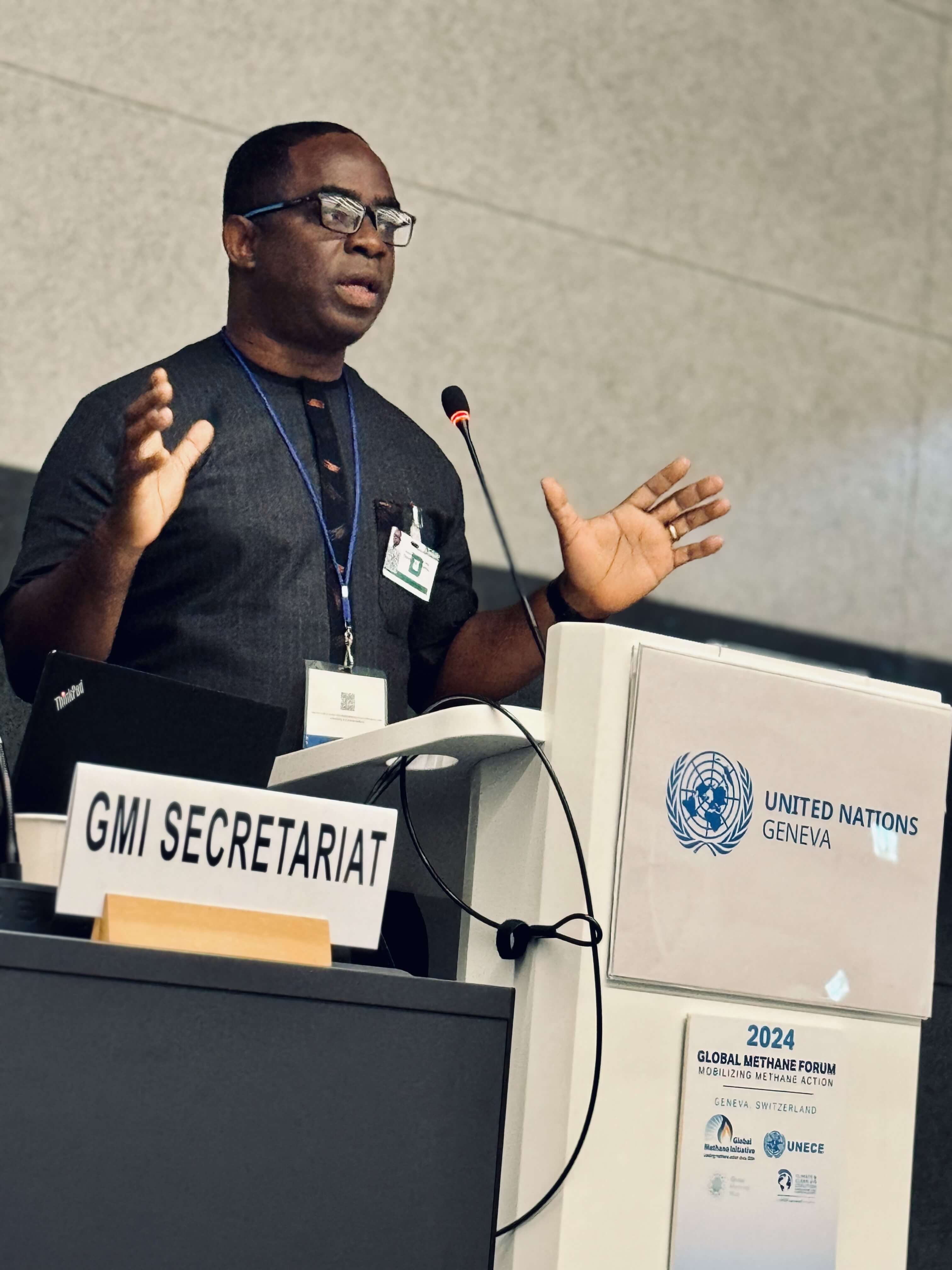 Daniel Benefoh, GMI Vice Chair, speaking at the 2024 Global Methane Forum in Geneva, Switzerland. <br><span class='small text-muted'>(2024, Geneva, Switzerland)</span>